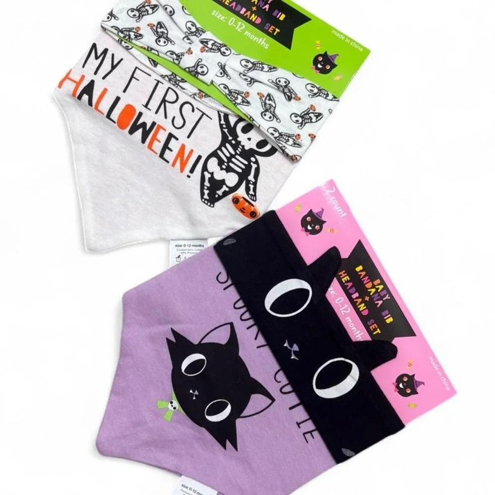 Halloween Baby Bandana Bib Headband 2 Set 0-12M black cat & MY FIRST HALLOWEEN
